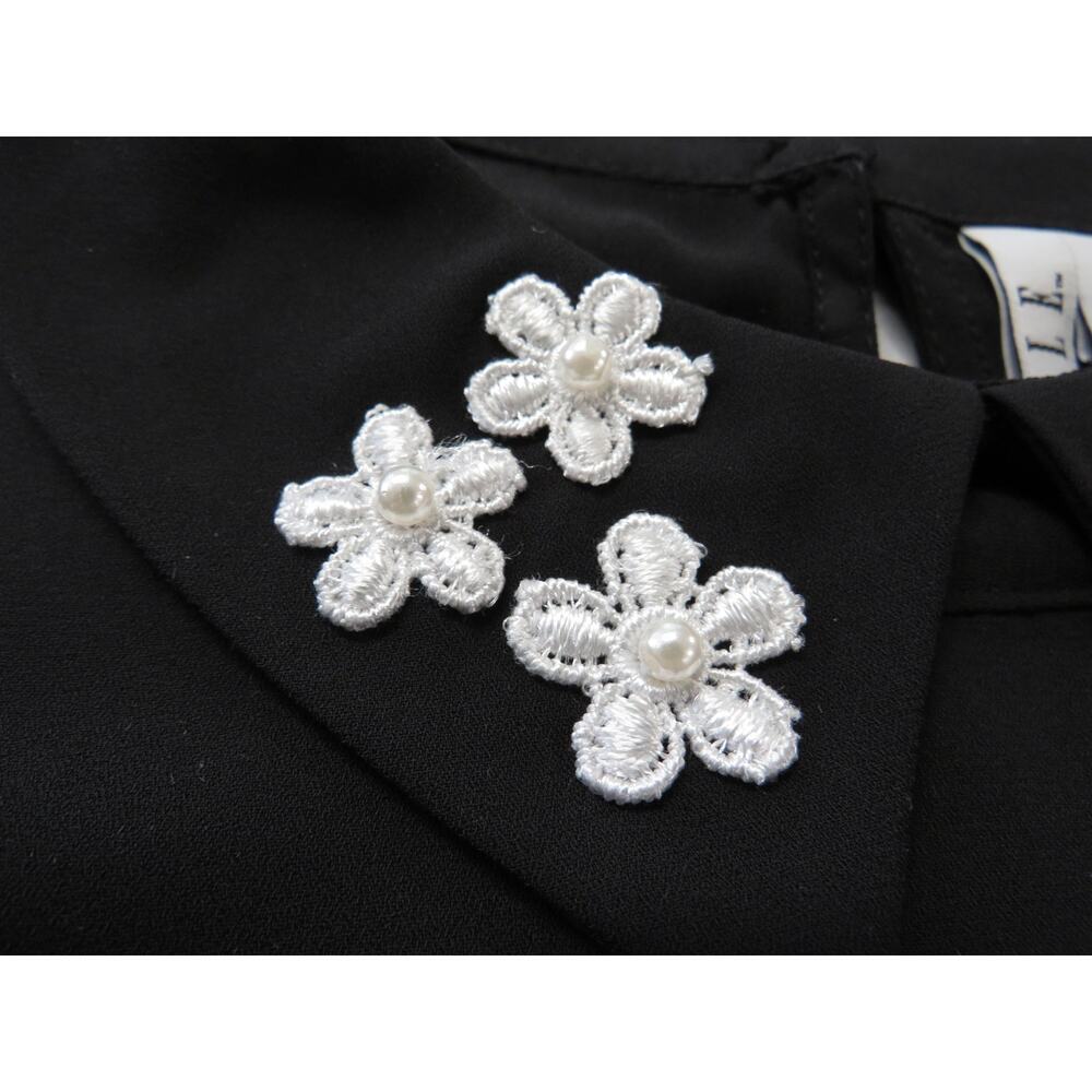 ELLE Women's Small Black Chiffon Blouse White Embroidered Flowers Whimsigoth - Picture 3 of 11